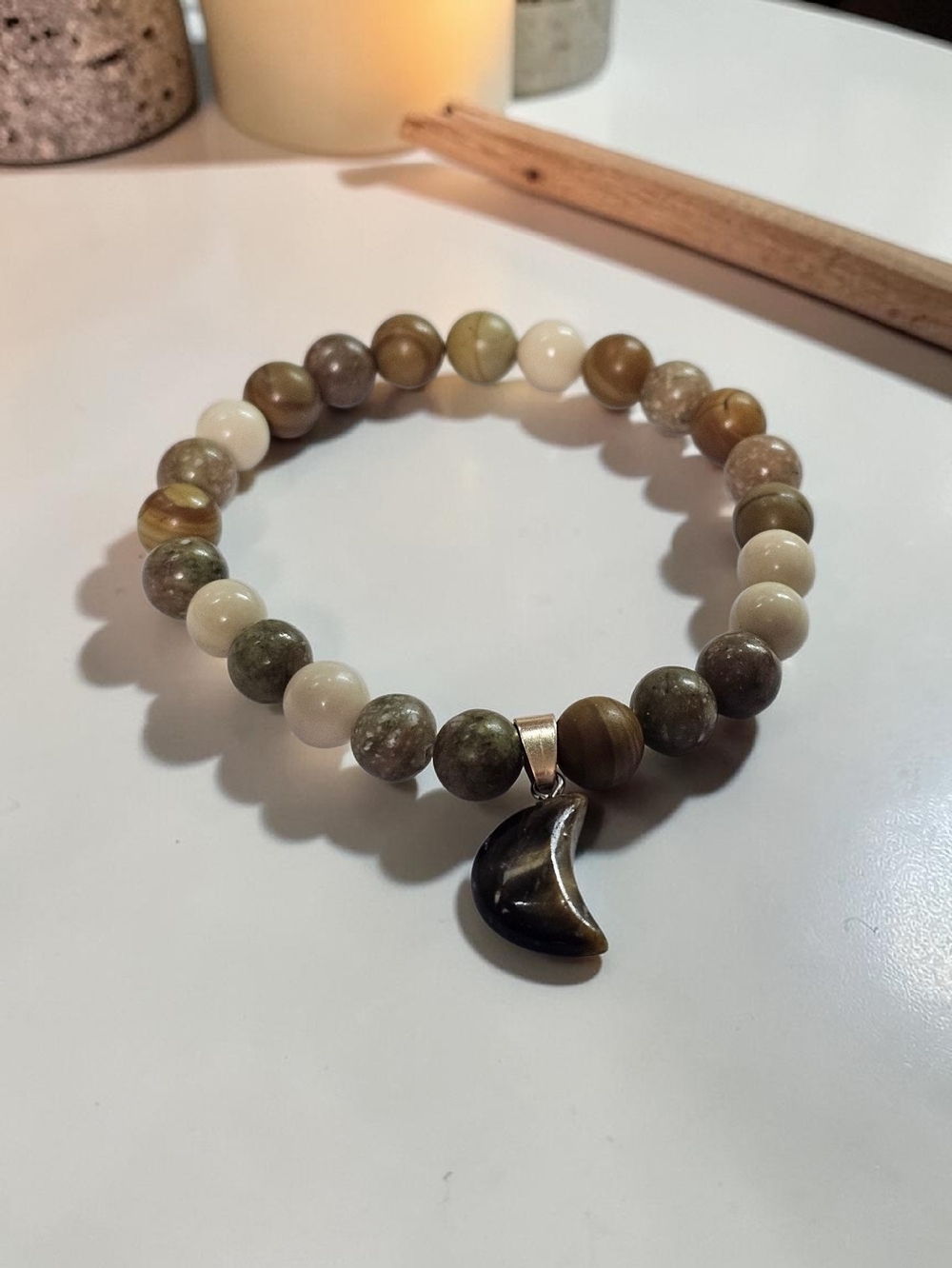 Handmade Beaded Tigers Eye Moon Pendant Bracelet - Indian Agate, Cream And Brown